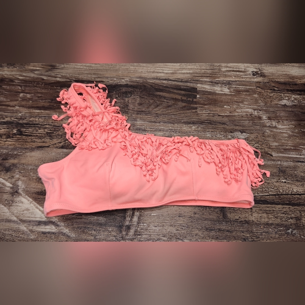 One-Shoulder Pink Fringe Bikini Top